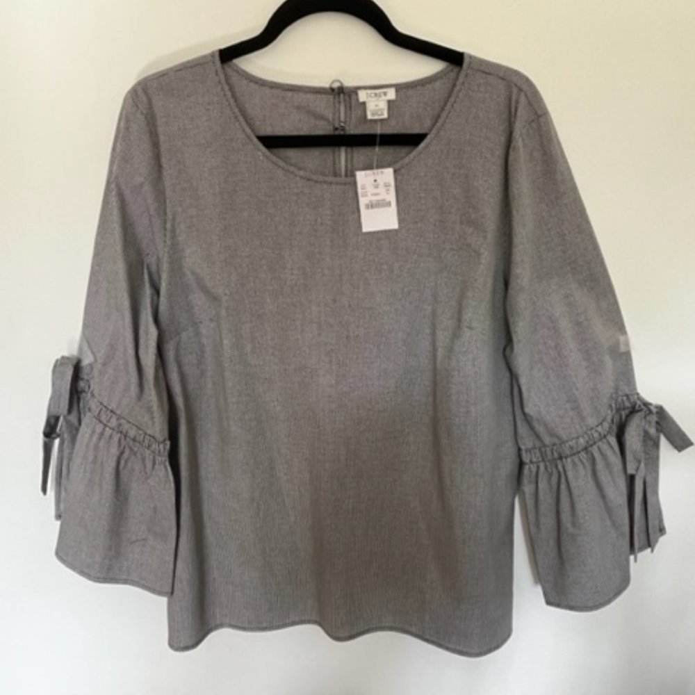 NWT J CREW Tie Bell Sleeve Black White Gingham Top Size XL